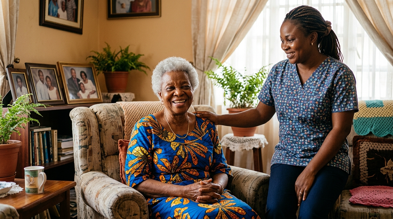 Senior Nigerian elder smiling with compassionate caregiver